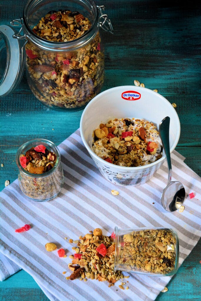 Crunchy granola with oats, nuts, and dried fruit